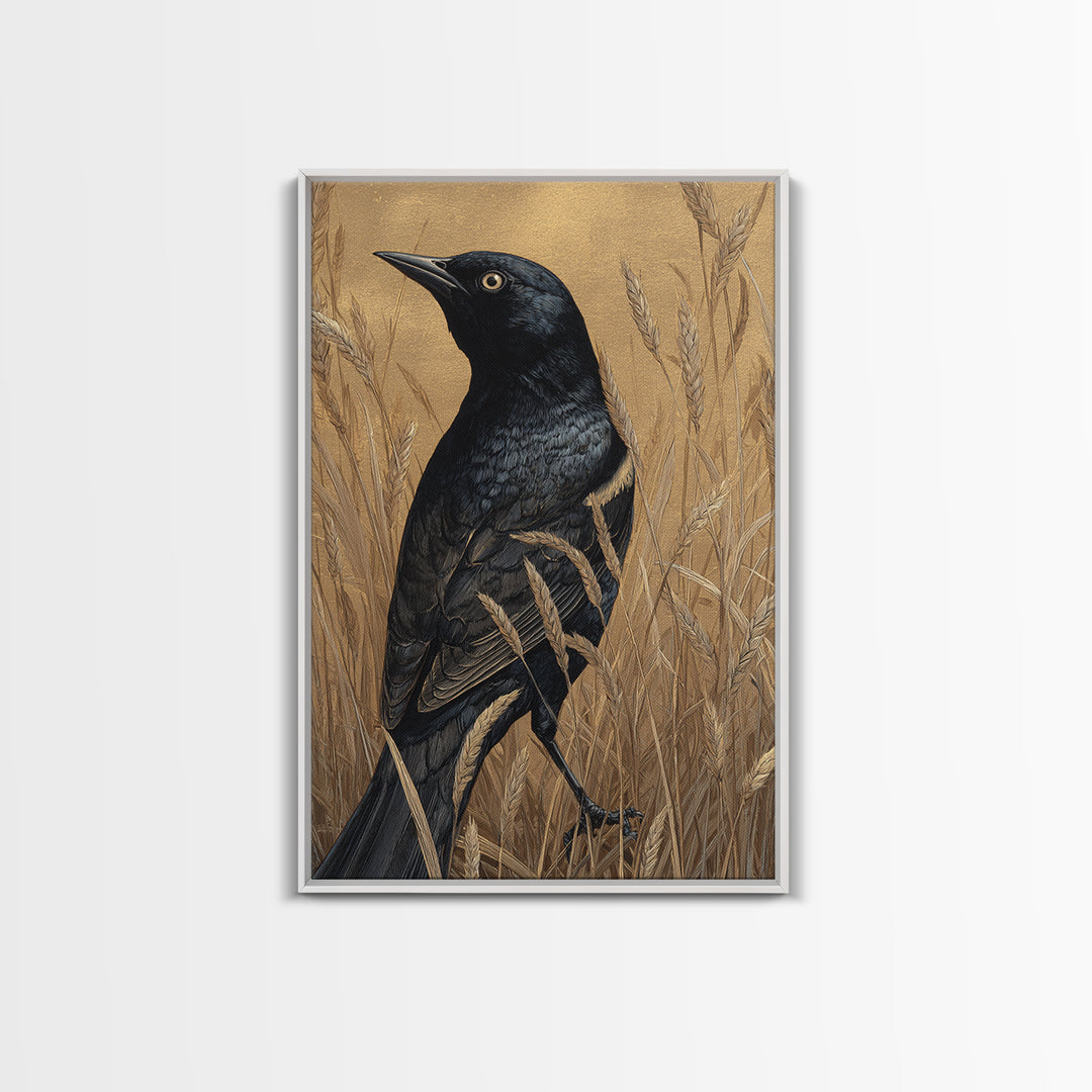 Blackbird on Gold Wheat Field Framed Canvas Print, Bird Art, Bird Prints, Living Room Decor, Oil Painting, Flight, Modern Decor, BIR-2x3-8