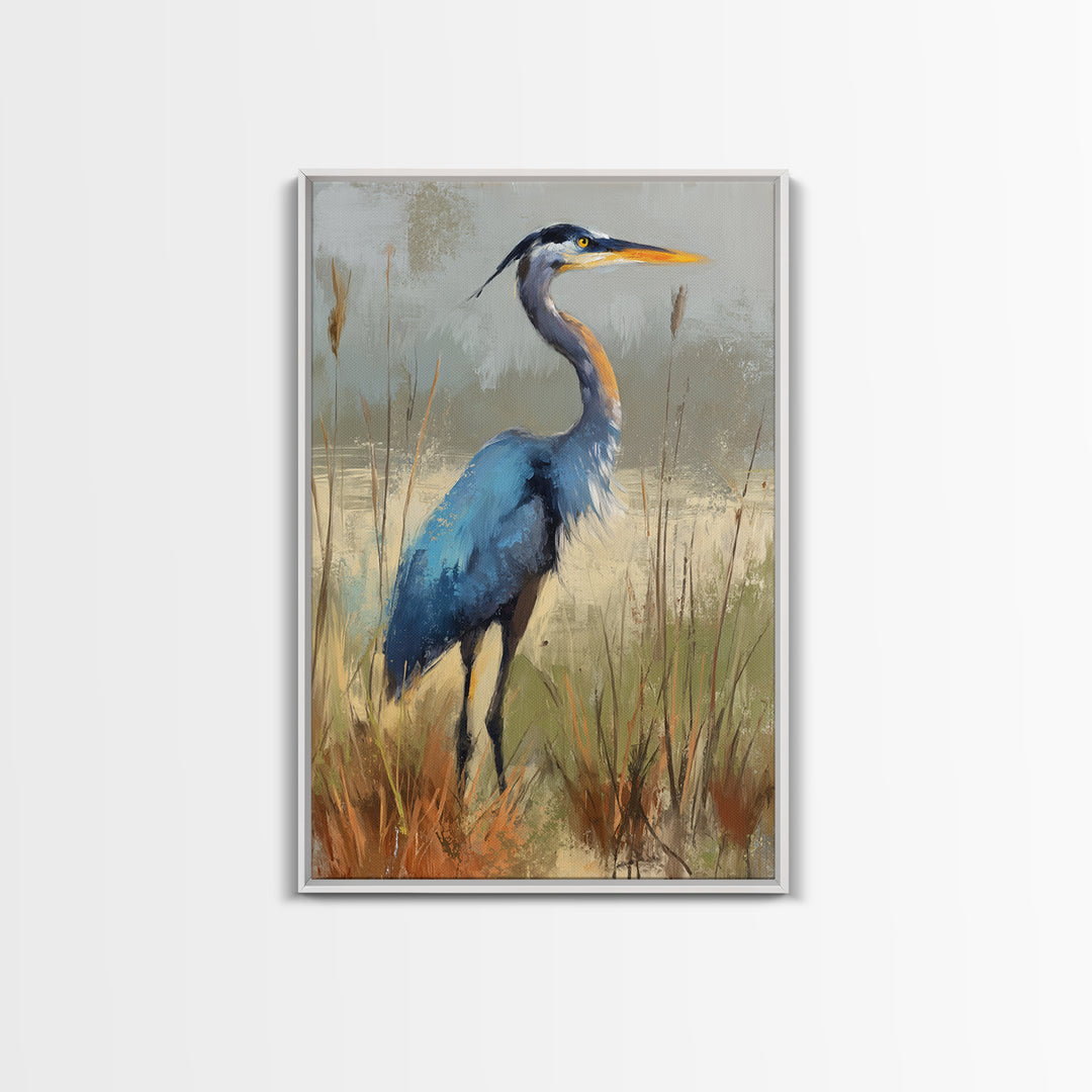 Blue Heron in Misty Marsh Grass Canvas Print, Bird Art, Mid Century Modern, Living Room Decor, Flight, Botanical Wall Art, BIR-2x3-82