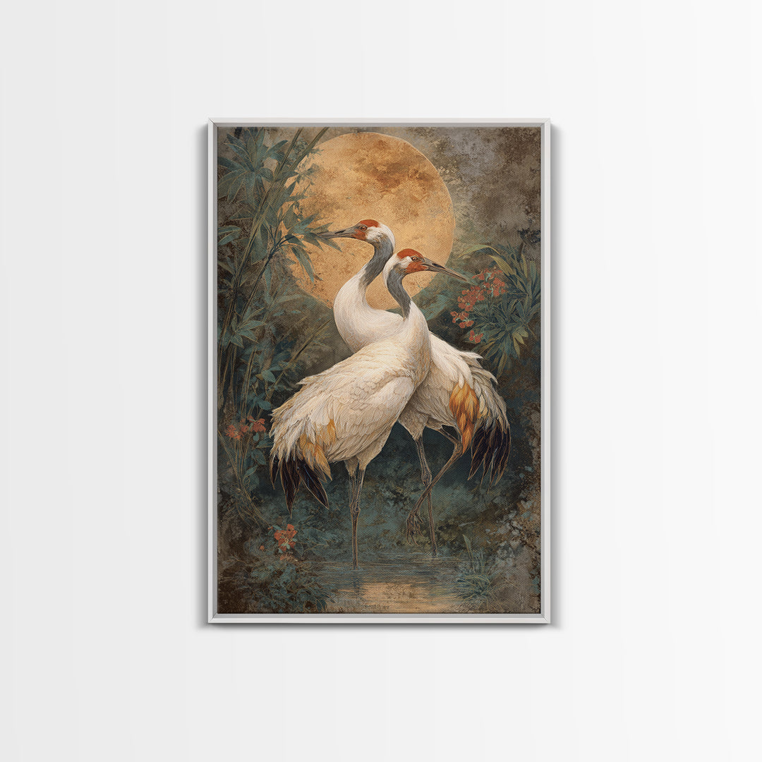 Pair of Cranes Dancing Framed Canvas Print, Bird Art, Boho Wall Decor, Living Room Decor, Abstract Art, Flight, Nature Wall Art, BIR-2x3-83