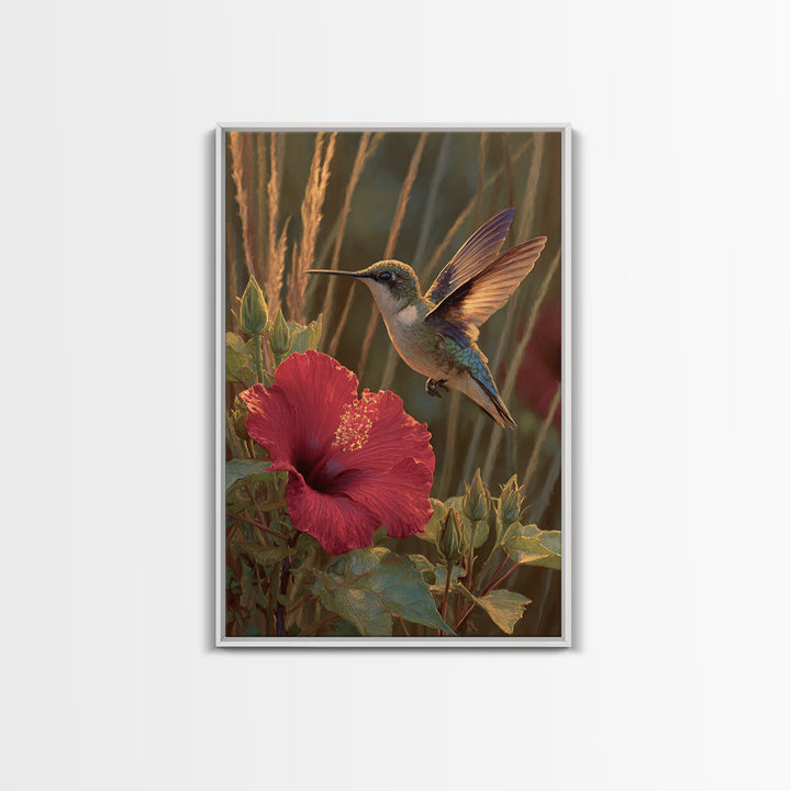 Hummingbird Hovering Beside Bright Hibiscus Framed Canvas Print, Bird Art, Nature Prints, Living Room Decor, Fine Art, Flight, BIR-2x3-84