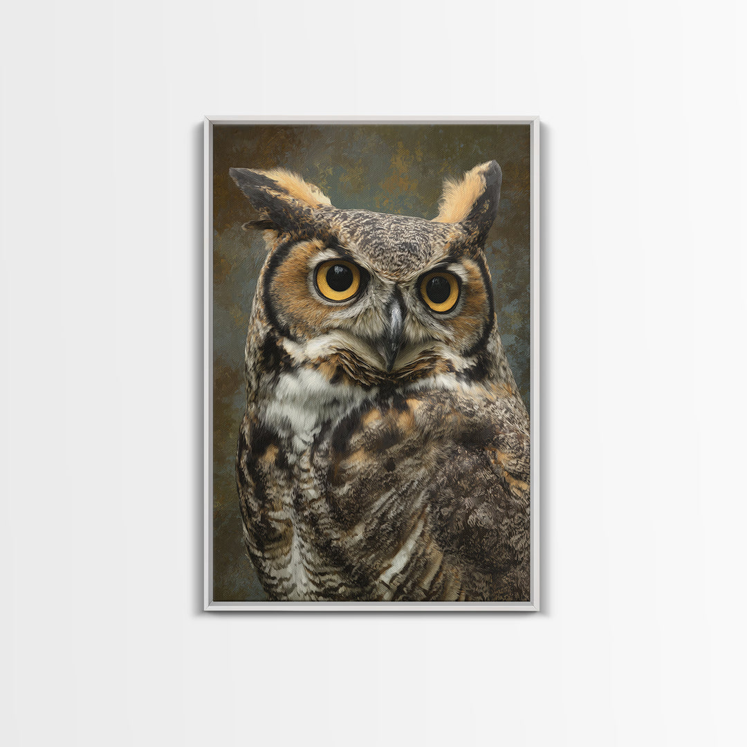 Owl Portrait with Wise Golden Eyes Framed Canvas Print, Bird Art, Boho Wall Decor, Living Room Decor, Fine Art, Flight, BIR-2x3-85