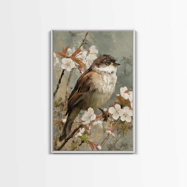 Songbird Perched on Cherry Blossoms Framed Canvas Print, Bird Art, Original Art, Living Room Decor, Fine Art, Flight, BIR-2x3-88