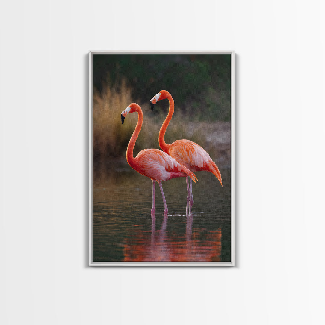 Flamingo Pair in Coral Water Reflections Framed Canvas Print, Bird Art, Original Art, Living Room Decor, Fine Art, Flight, BIR-2x3-90
