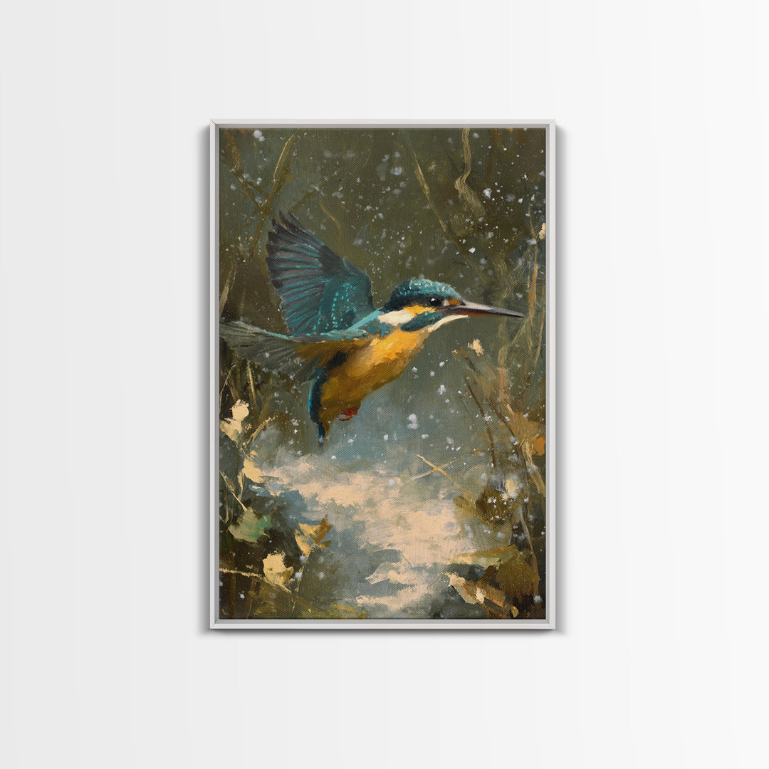 Kingfisher Diving Toward Blue Water Canvas Print, Bird Art, Modern Art, Living Room Decor, Fine Art, Flight, Floral Art, BIR-2x3-91