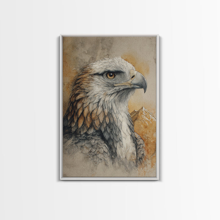 Eagle Portrait with Dramatic Mountain Wind Framed Canvas Print, Bird Art, Gallery Decor, Living Room Decor, Fine Art, Flight, BIR-2x3-92