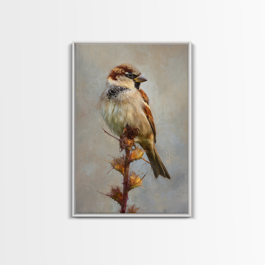 Small Sparrow on Wildflower Stem Framed Canvas Print, Bird Art, Digital Print, Living Room Decor, Watercolor Art, Flight, BIR-2x3-94