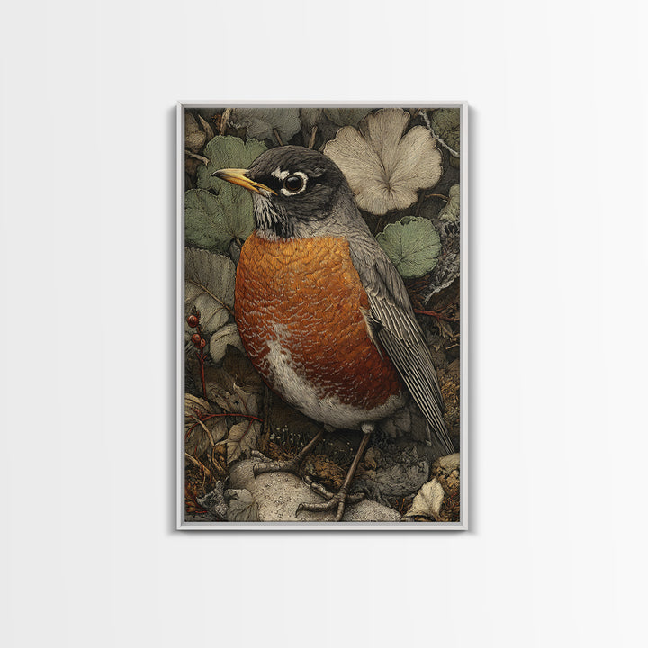 Robin in a Spring Garden with Soft Canvas Print, Bird Art, Botanical Wall Art, Living Room Decor, Watercolor Art, Flight, BIR-2x3-95
