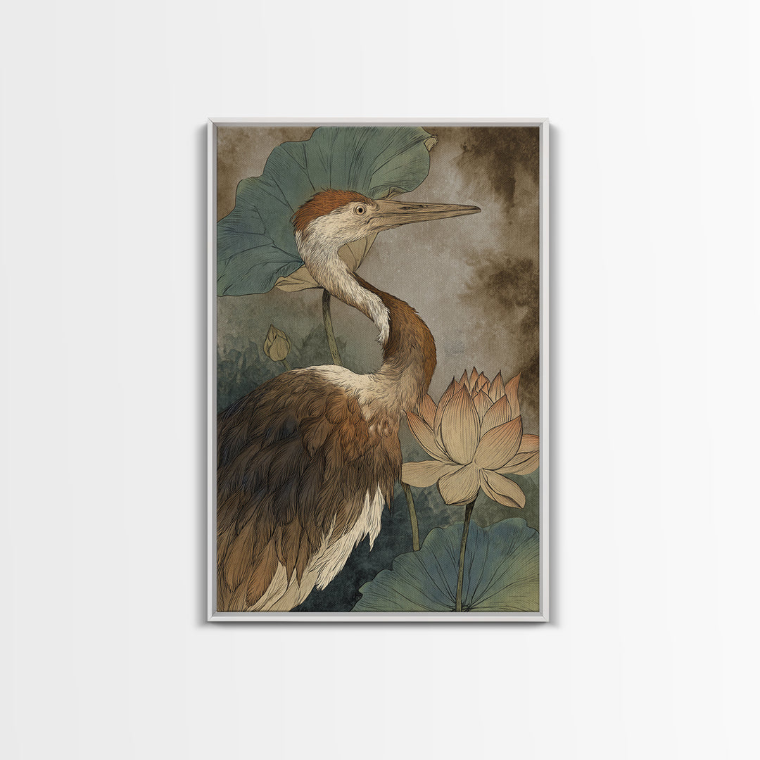 Crane and Lotus Composition Framed Canvas Print, Bird Art, Watercolor Painting, Living Room Decor, Flight, Living Room Art, BIR-2x3-97