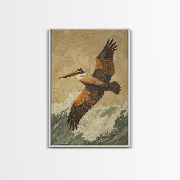 Pelican Flying over Coastal Waves Framed Canvas Print, Bird Art, Digital Prints, Living Room Decor, Watercolor Art, Flight, BIR-2x3-98