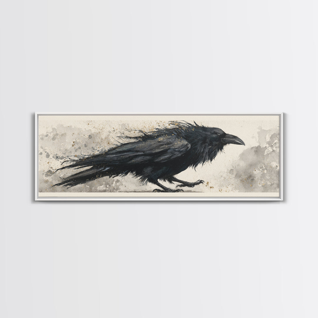 Raven Silhouette with Gothic Atmosphere Framed Canvas Print, Bird Art, Modern Wall Art, Living Room Decor, Fine Art, Flight, BIR-3x1-1