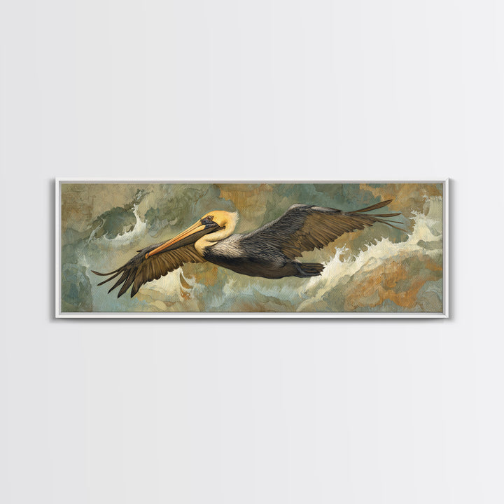 Pelican Flying over Coastal Waves Framed Canvas Print, Bird Art, Home Decor, Living Room Decor, Flight, Modern Wall Art, BIR-3x1-10