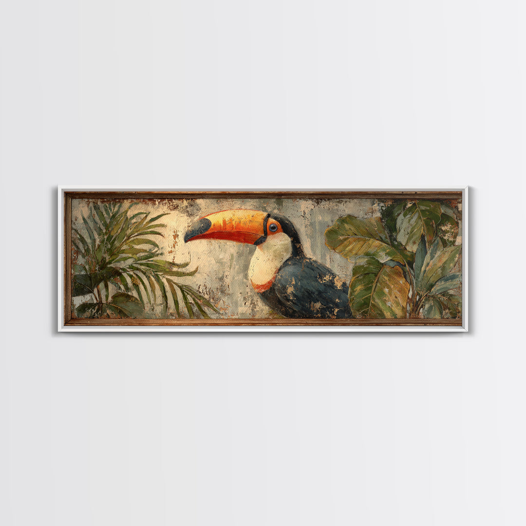 Toucan Framed by Bold Jungle Foliage Framed Canvas Print, Bird Art, Rustic Home Decor, Living Room Decor, Fine Art, Flight, BIR-3x1-15