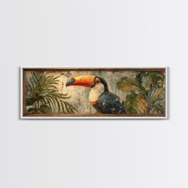 Toucan Framed by Bold Jungle Foliage Framed Canvas Print, Bird Art, Rustic Home Decor, Living Room Decor, Fine Art, Flight, BIR-3x1-15