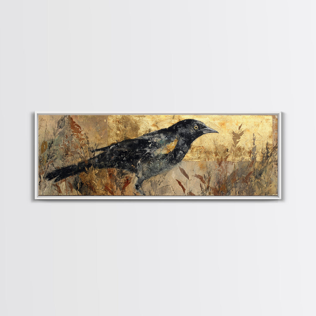 Blackbird on Gold Wheat Field Canvas Print, Bird Art, Mcm Decor, Living Room Decor, Flight, Neutral Decor, Modern Decor, BIR-3x1-16