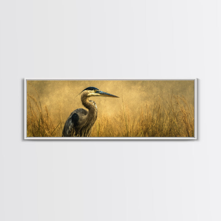 Blue Heron in Misty Marsh Grass Framed Canvas Print, Bird Art, Printable Art, Living Room Decor, Flight, Mid Century Wall Art, BIR-3x1-18