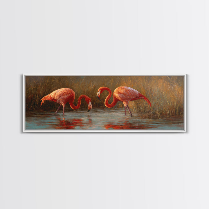 Flamingo Pair in Coral Water Reflections Framed Canvas Print, Bird Art, Mid Century Modern, Living Room Decor, Fine Art, Flight, BIR-3x1-2