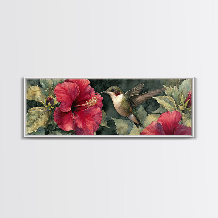 Hummingbird Hovering Beside Bright Hibiscus Canvas Print, Bird Art, Bird Wall Art, Living Room Decor, Fine Art, Flight, BIR-3x1-20