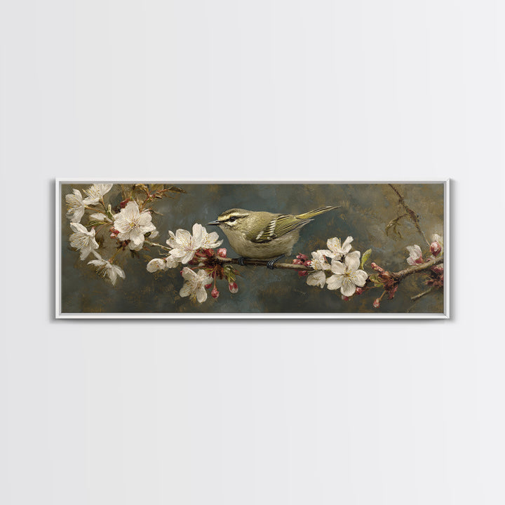 Songbird Perched on Cherry Blossoms Canvas Print, Bird Art, Nature Wall Art, Living Room Decor, Fine Art, Flight, BIR-3x1-24