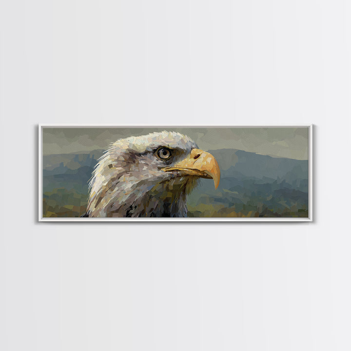 Eagle Portrait with Dramatic Mountain Wind Framed Canvas Print, Bird Art, Rustic Home Decor, Living Room Decor, Oil Painting, BIR-3x1-28