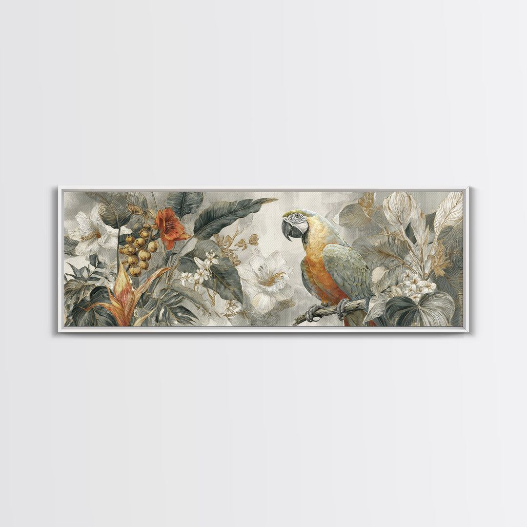Parrot Among Tropical Leaves and Fruit Canvas Print, Bird Art, Boho Wall Decor, Living Room Decor, Oil Painting, Flight, BIR-3x1-29
