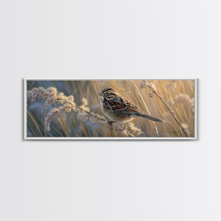 Small Sparrow on Wildflower Stem Canvas Print, Bird Art, Wall Art, Living Room Decor, Watercolor Art, Flight, Japanese Wall Art, BIR-3x1-30