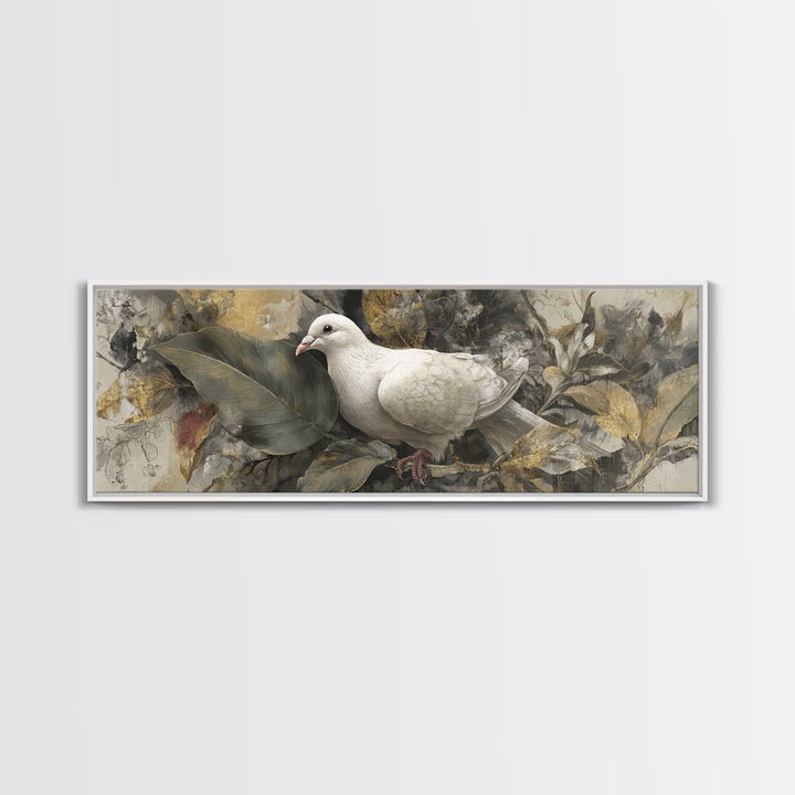 White Dove with Olive Branch and Calm Framed Canvas Print, Bird Art, Floral Art, Living Room Decor, Fine Art, Flight, BIR-3x1-32