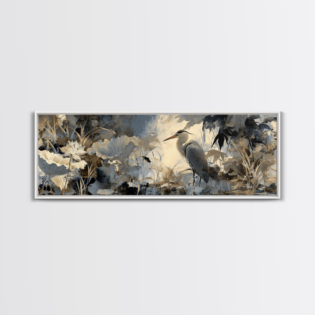 Crane and Lotus Composition Canvas Print, Bird Art, Living Room Decor, Fine Art, Flight, Rustic Home Decor, Floral Art, BIR-3x1-33