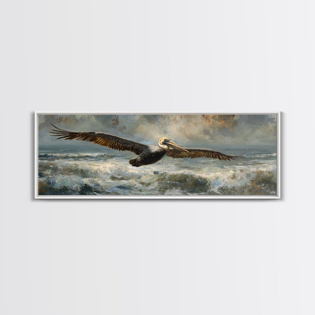 Pelican Flying over Coastal Waves Canvas Print, Bird Art, Original Art, Living Room Decor, Abstract Art, Flight, Mcm Decor, BIR-3x1-34