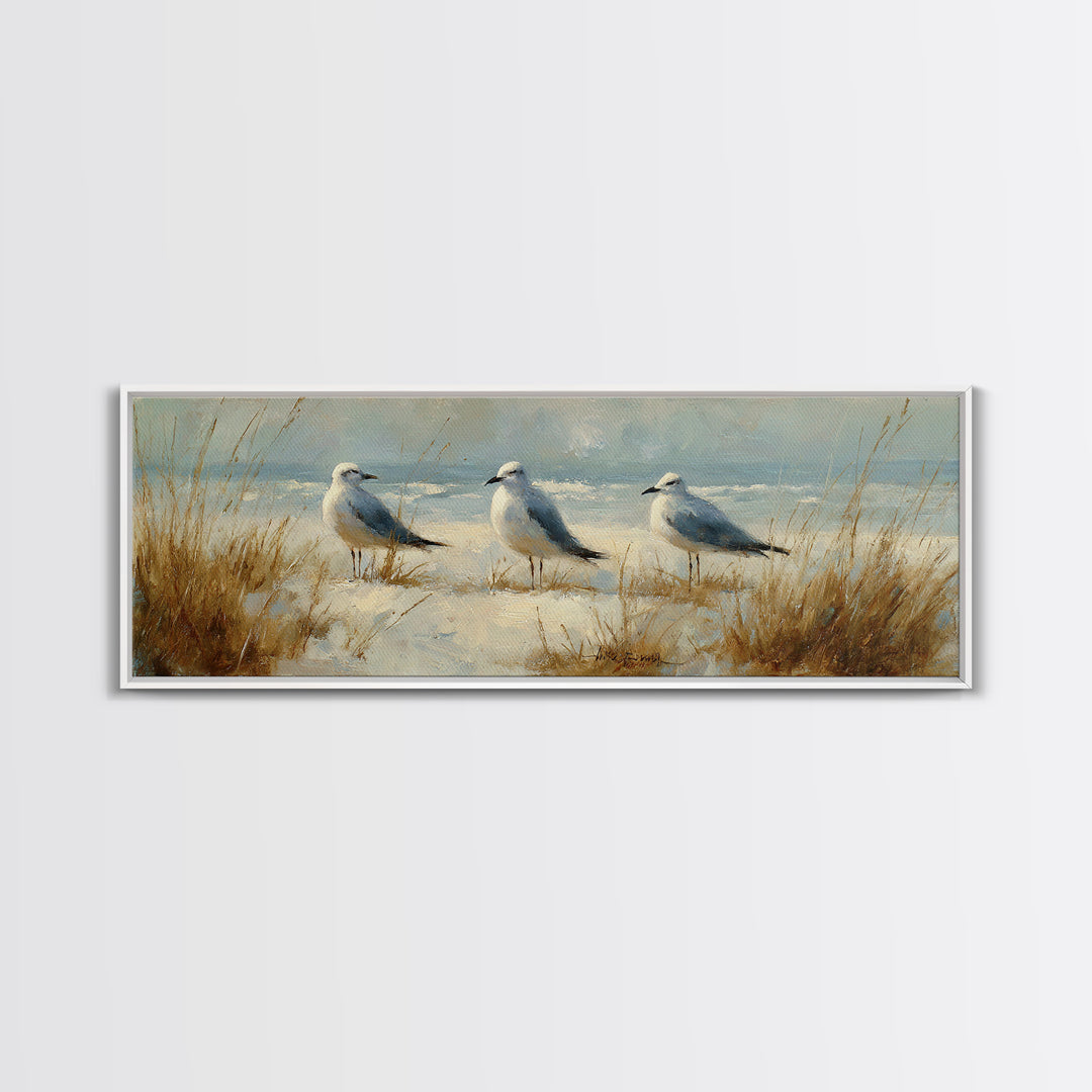 Seagulls Above a Pale Beach Horizon Canvas Print, Bird Art, Forest Wall Art, Living Room Decor, Flight, Minimalist Decor, BIR-3x1-36