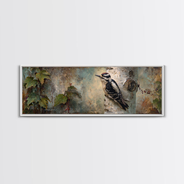 Woodpecker on Birch Bark Texture Framed Canvas Print, Bird Art, Modern Art, Living Room Decor, Watercolor Art, Flight, BIR-3x1-37