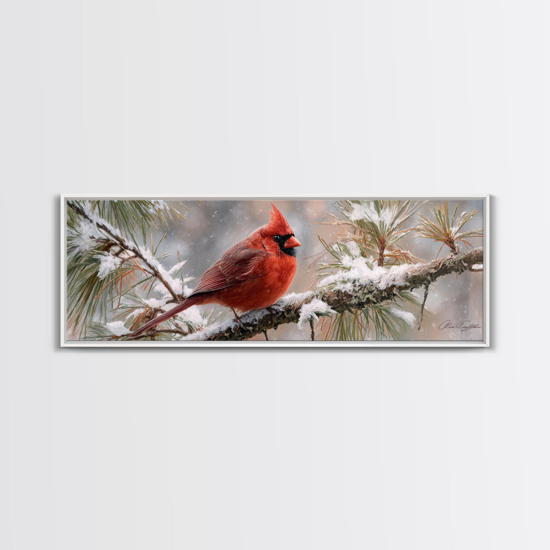 Red Cardinal on Snowy Pine Branch Canvas Print, Bird Art, Nature Prints, Living Room Decor, Fine Art, Flight, Boho Decor, BIR-3x1-41