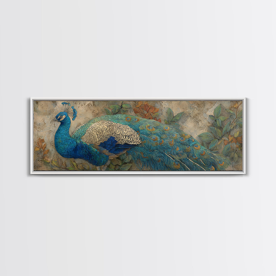 Peacock with Jewel Tone Feather Pattern Framed Canvas Print, Bird Art, Digital Prints, Living Room Decor, Oil Painting, Flight, BIR-3x1-47