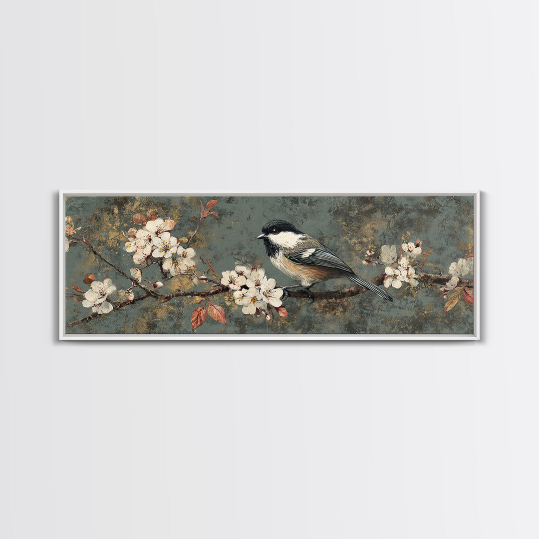 Songbird Perched on Cherry Blossoms Canvas Print, Bird Art, Art Print, Living Room Decor, Fine Art, Flight, Original Art, BIR-3x1-48