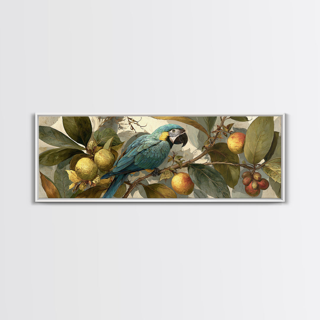 Parrot Among Tropical Leaves and Fruit Framed Canvas Print, Bird Art, Bird Prints, Living Room Decor, Fine Art, Flight, BIR-3x1-53