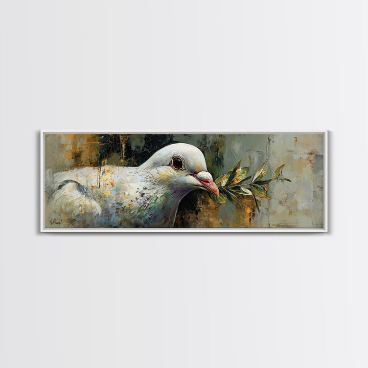 White Dove with Olive Branch and Calm Framed Canvas Print, Bird Art, Textured Painting, Living Room Decor, Oil Painting, Flight, BIR-3x1-56