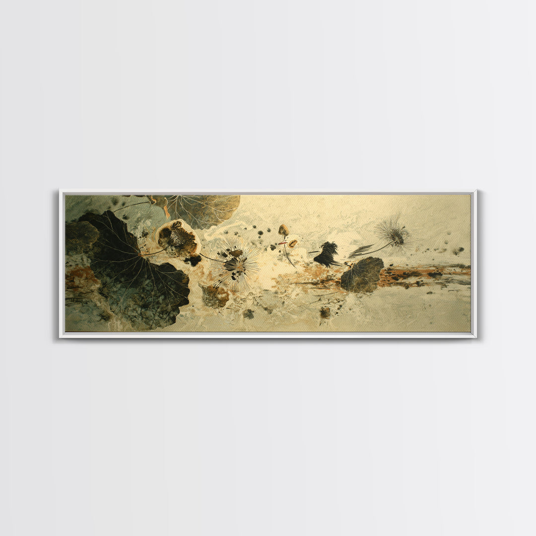 Crane and Lotus Composition Framed Canvas Print, Bird Art, Mid Century Wall Art, Living Room Decor, Fine Art, Flight, BIR-3x1-57