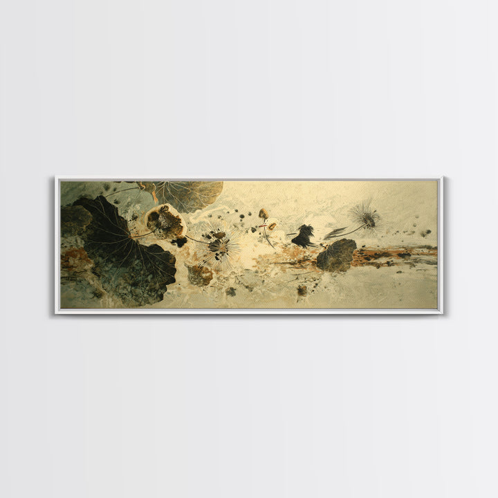 Crane and Lotus Composition Framed Canvas Print, Bird Art, Mid Century Wall Art, Living Room Decor, Fine Art, Flight, BIR-3x1-57