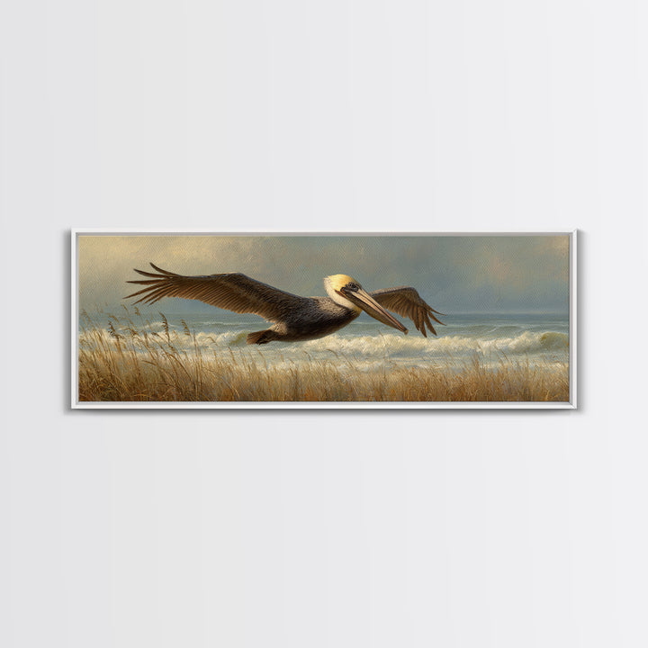 Pelican Flying over Coastal Waves Framed Canvas Print, Bird Art, Japanese Wall Art, Living Room Decor, Fine Art, Flight, BIR-3x1-58