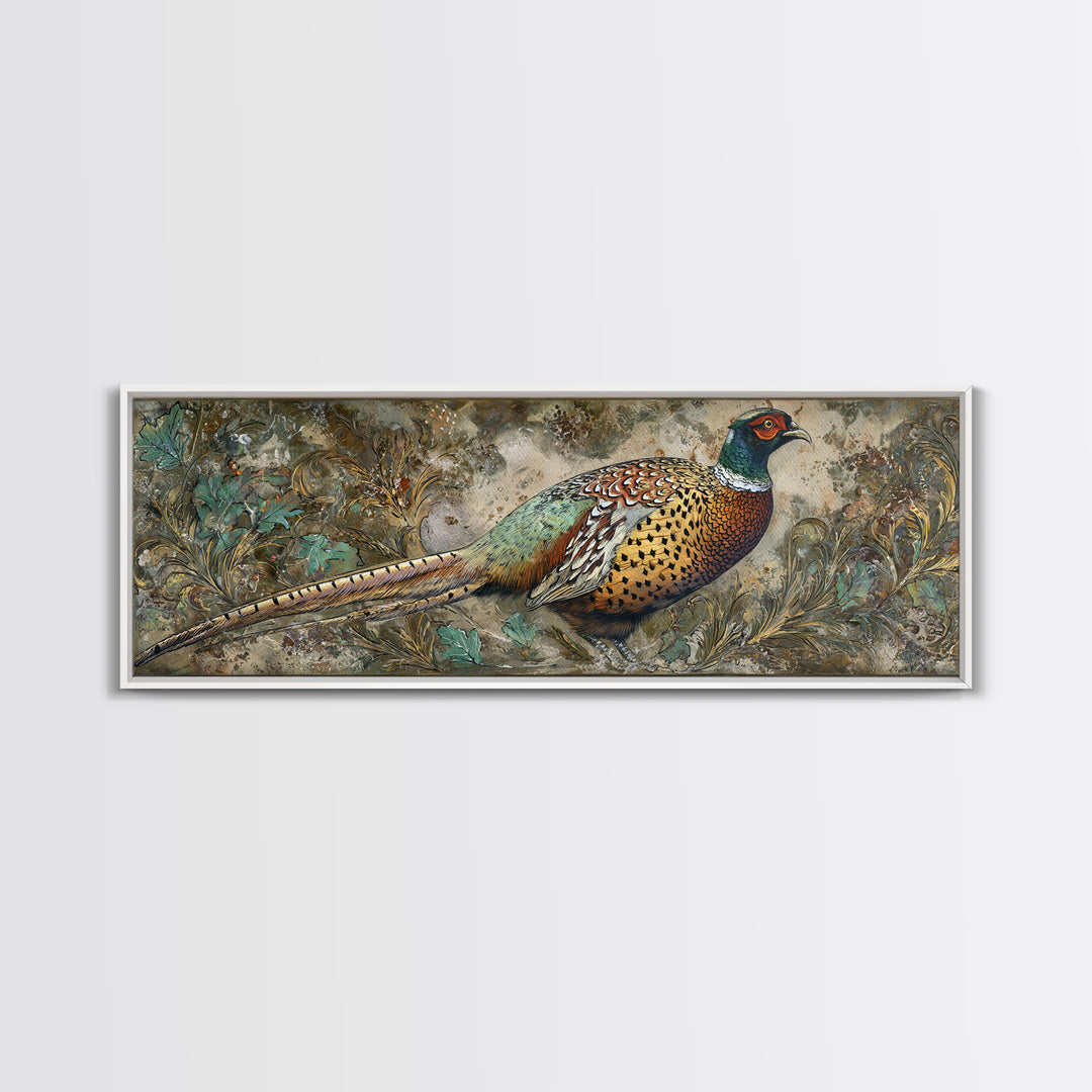 Pheasant with Ornate Feather Details Framed Canvas Print, Bird Art, Wall Art, Living Room Decor, Flight, Japanese Wall Art, BIR-3x1-59