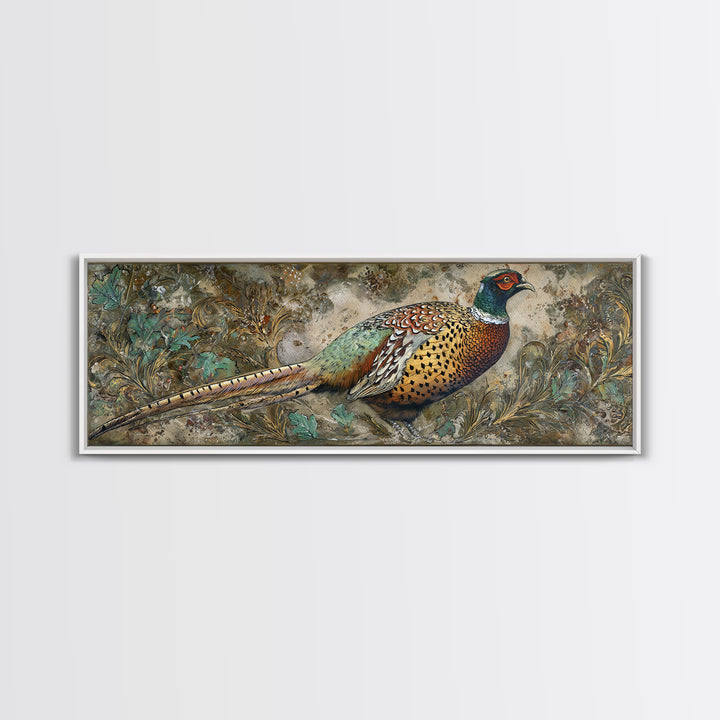 Pheasant with Ornate Feather Details Framed Canvas Print, Bird Art, Wall Art, Living Room Decor, Flight, Japanese Wall Art, BIR-3x1-59