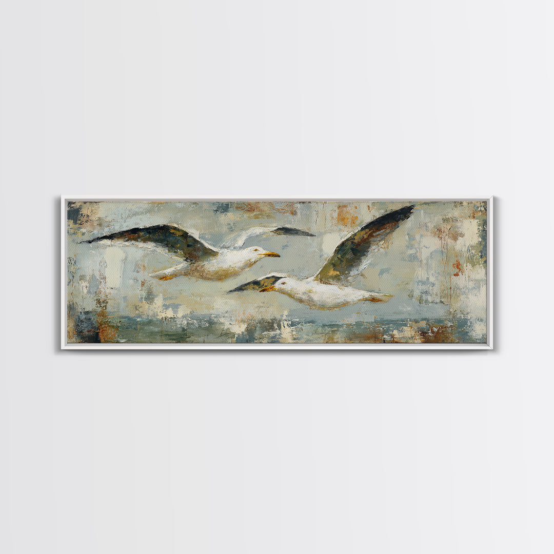 Seagulls Above a Pale Beach Horizon Framed Canvas Print, Bird Art, Boho Decor, Living Room Decor, Oil Painting, Flight, BIR-3x1-60