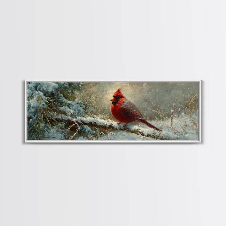 Red Cardinal on Snowy Pine Branch Canvas Print, Bird Art, Nature Prints, Living Room Decor, Fine Art, Flight, Boho Decor, BIR-3x1-65