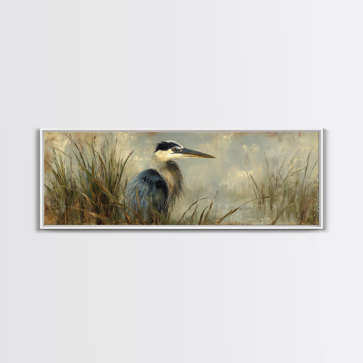Blue Heron in Misty Marsh Grass Canvas Print, Bird Art, Boho Wall Decor, Living Room Decor, Fine Art, Flight, Nature Wall Art, BIR-3x1-66