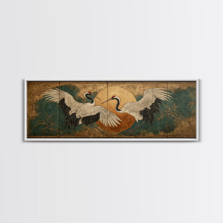 Pair of Cranes Dancing Framed Canvas Print, Bird Art, Digital Print, Living Room Decor, Abstract Art, Flight, Bird Prints, BIR-3x1-67
