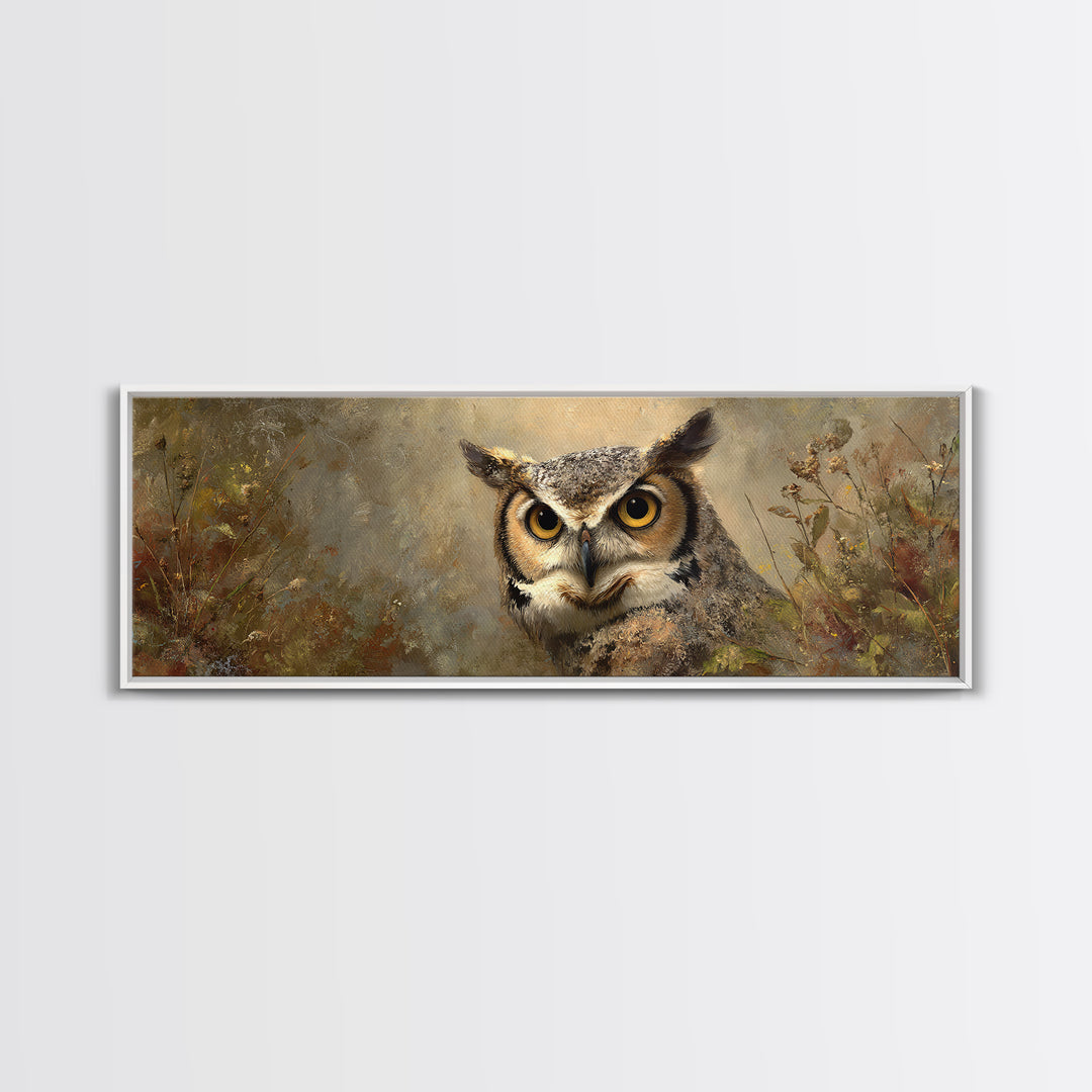 Owl Portrait with Wise Golden Eyes Framed Canvas Print, Bird Art, Living Room Art, Living Room Decor, Fine Art, Flight, BIR-3x1-69