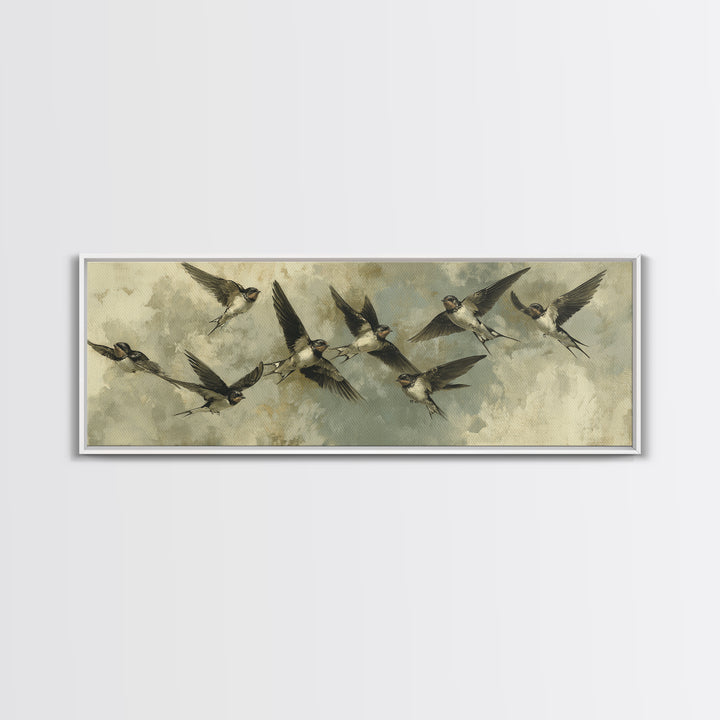 Flock of Swallows Sweeping Across Open Sky Canvas Print, Bird Art, Art Print, Living Room Decor, Oil Painting, Flight, BIR-3x1-70