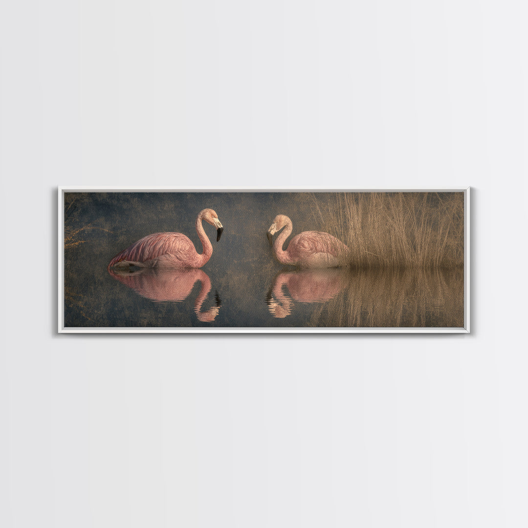 Flamingo Pair in Coral Water Reflections Framed Canvas Print, Bird Art, Modern Art, Living Room Decor, Oil Painting, Flight, BIR-3x1-74