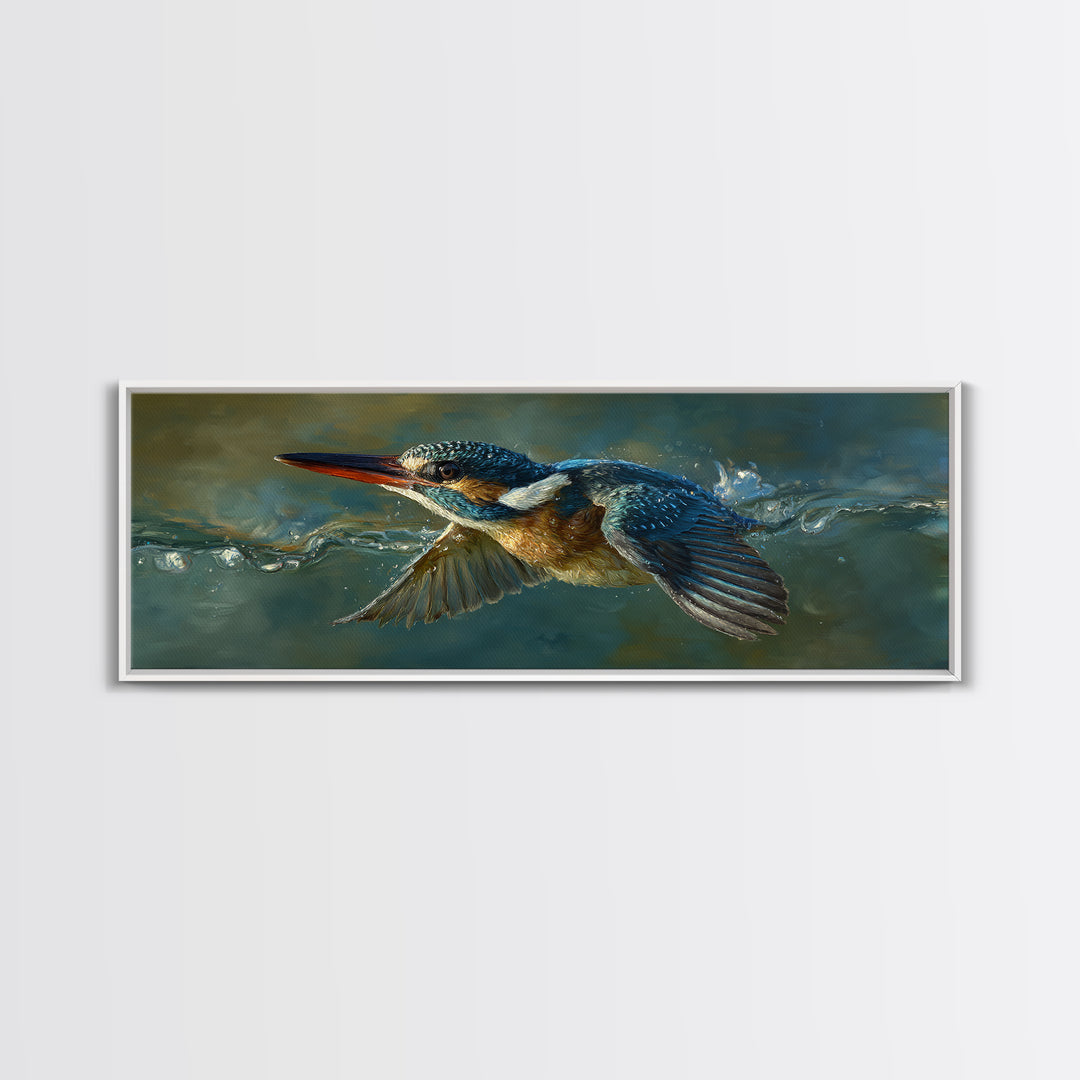Kingfisher Diving Toward Blue Water Canvas Print, Bird Art, Farmhouse Decor, Living Room Decor, Flight, Digital Download Art, BIR-3x1-75