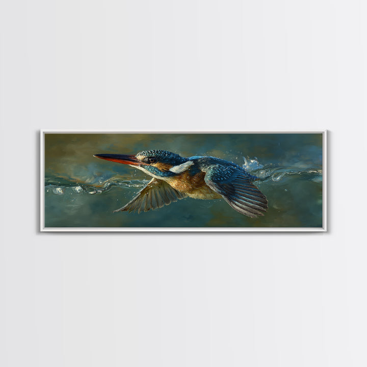Kingfisher Diving Toward Blue Water Canvas Print, Bird Art, Farmhouse Decor, Living Room Decor, Flight, Digital Download Art, BIR-3x1-75