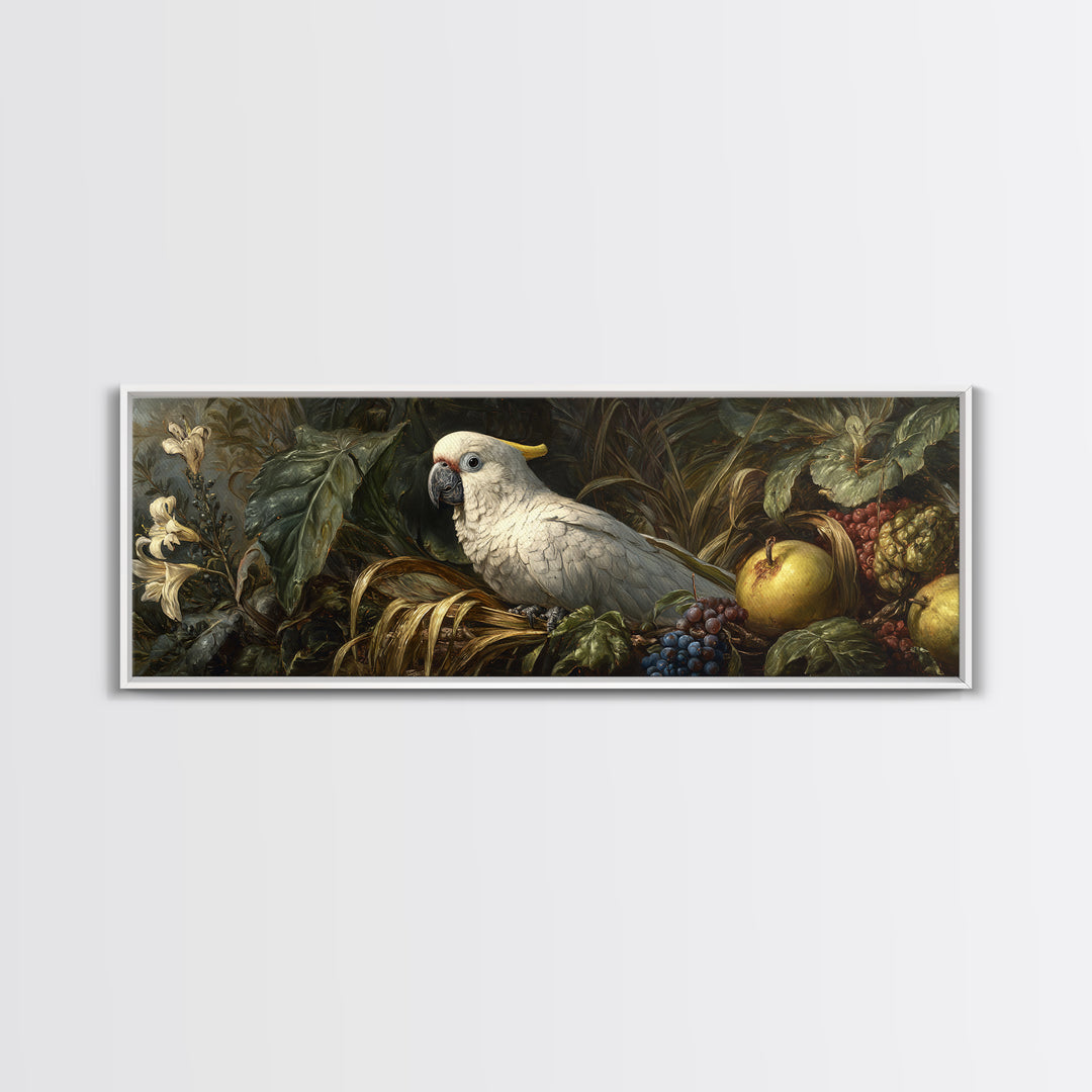 Parrot Among Tropical Leaves and Fruit Framed Canvas Print, Bird Art, Bird Prints, Living Room Decor, Fine Art, Flight, BIR-3x1-77
